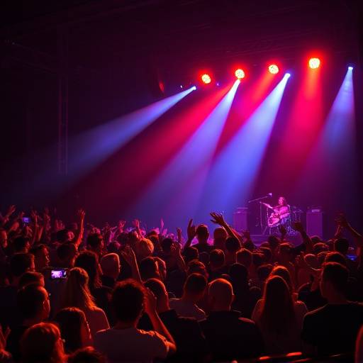 Un concerto rock con un pubblico entusiasta e luci colorate.