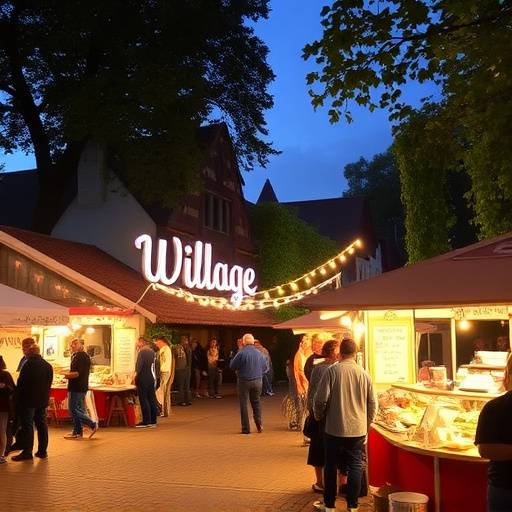 Una folla di persone che partecipa a una sagra di paese, con stand gastronomici e musica dal vivo.