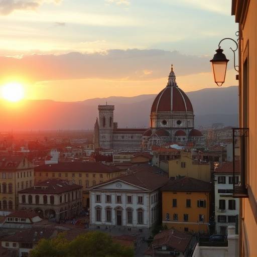 Una vista panoramica di Firenze con il Duomo in primo piano, illuminato dal sole del tramonto, mentre un artista di strada dipinge una tela.